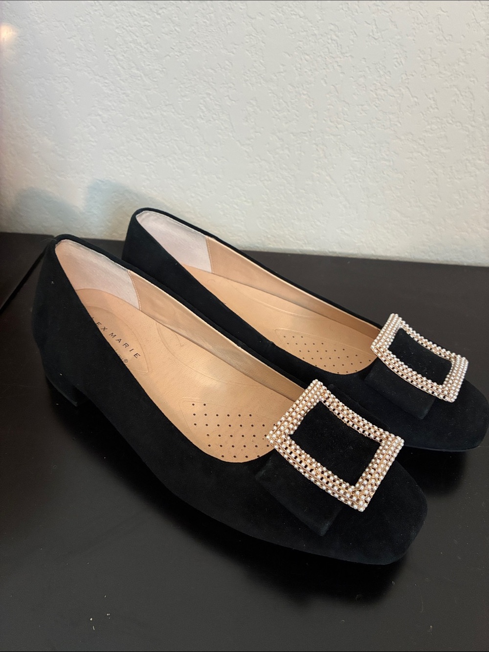 Alex Marie Black Suede Flats with Pearl-Trim Square Buckles